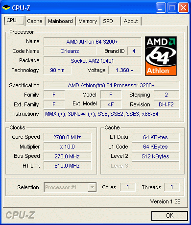 CPU-Z Athlon 64 AM2 OC 2700
МГц