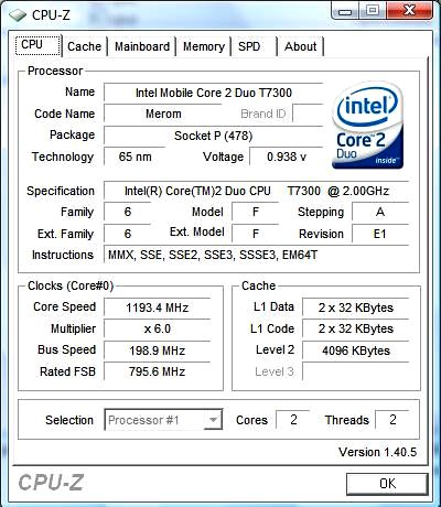 RoverBook Nautilus V450, CPU-Z