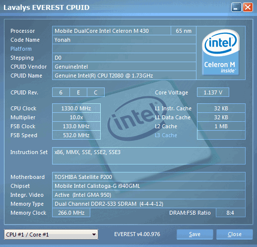 Toshiba Satellite P200-14o. Информация о процессоре