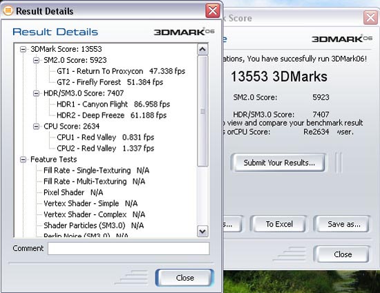 Детальный результат Gigabyte 9800GX2 в тесте 3DMark 06 с процессором Core 2 Duo.