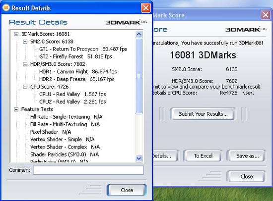 Детальный результат Gigabyte 9800GX2 в тесте 3DMark 06 с процессором Core 2 Quad.