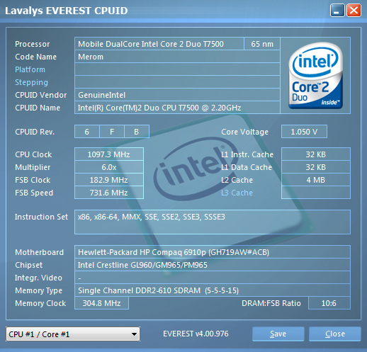 HP Compaq 6910p. Информация о процессоре.