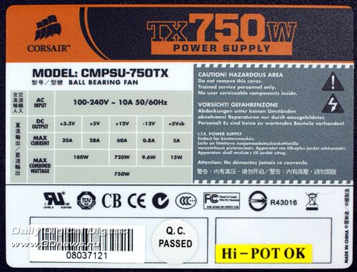 Характеристики Corsair TX750W