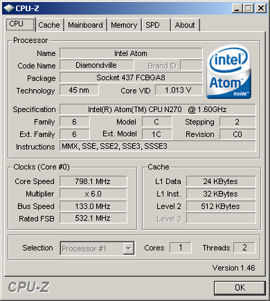 Acer Aspire One оснащен 1,6 ГГц Atom N270