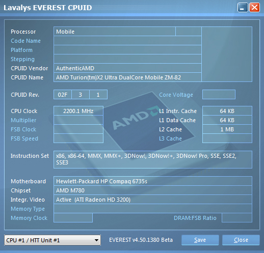 HP Compaq 6735s. Информация о процессоре