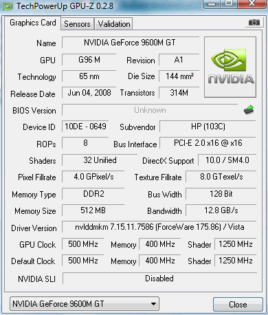 HP Pavilion dv5-1075. Информация о видеоподсистеме