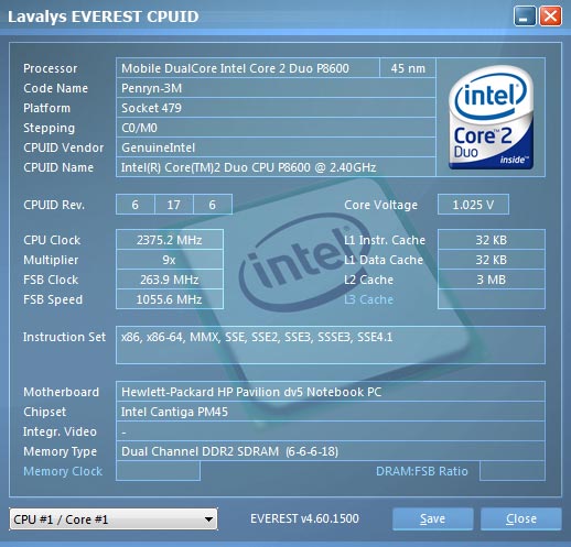 HP Pavilion dv5-1075. Информация о процессоре