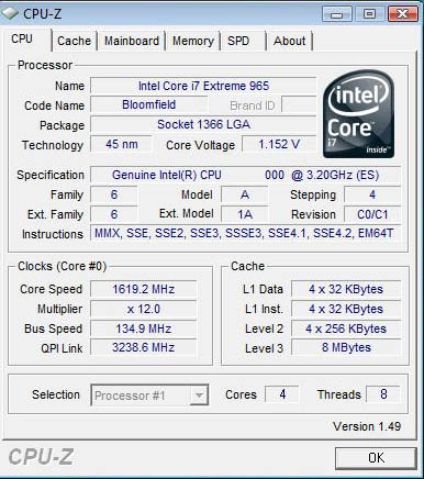 Intel Core i7 – CPU-Z процессора Intel Core i7 965 Extreme
