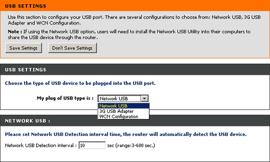   USB-: Network USB, 3G USB Adapter, WCN Configuration