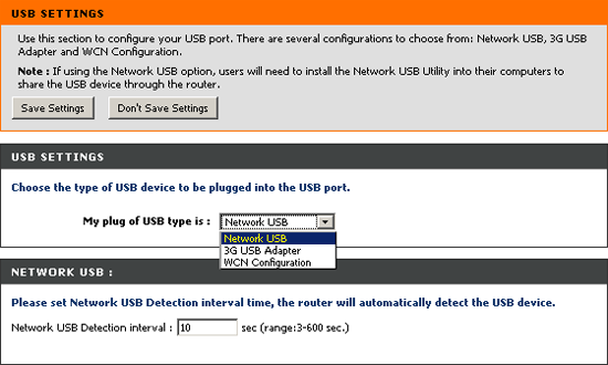 Выбор режима USB-порта: Network USB, 3G USB Adapter, WCN Configuration