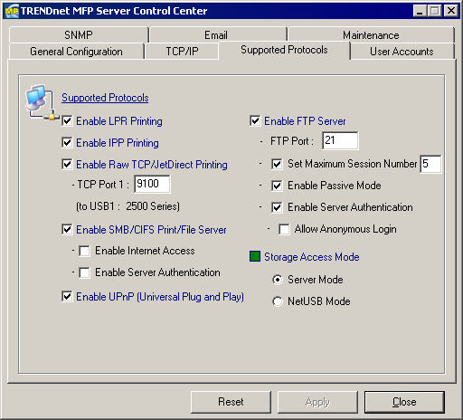  : LPR, Raw, IPP, SMB;   FTP  SMB/CIFS;      USB-