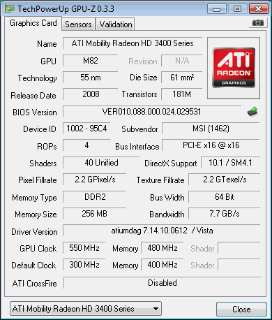 MSI Bravo EX620, скриншот программы GPU-Z