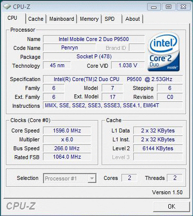 MSI Bravo EX620, скриншот программы CPU-Z, вкладка CPU