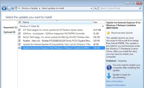 Работа Windows 7 Update