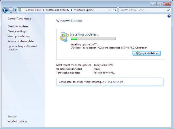 Работа Windows 7 Update
