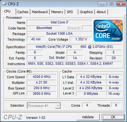 скриншот CPU-Z Core i7 950 @ 4200
