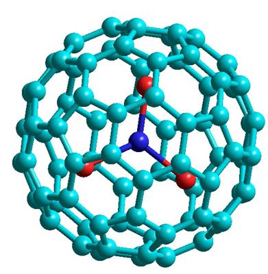 Металлофуллерен: атомы углерода, диспрозия (красный), азота (темно-синий)