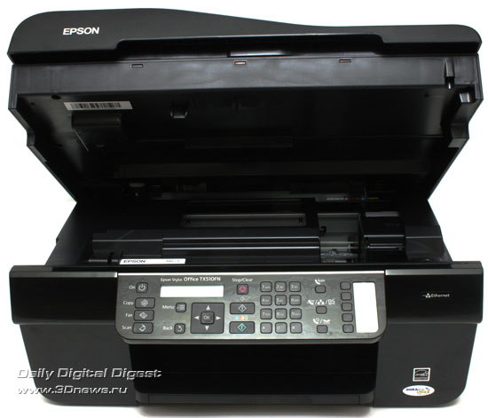 EPSON Stylus Office TX510FN. Вид спереди. Модуль сканера поднят
