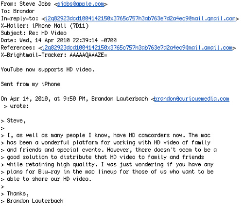 Ответ Стива Джобса на письмо с вопросом о Blu-ray