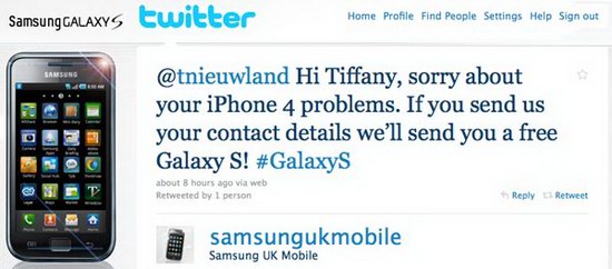 Samsung дарит Galaxy S недовольным владельцам iPhone samsungtweet07232010 Samsung дарит Galaxy S недовольным владельцам iPhone