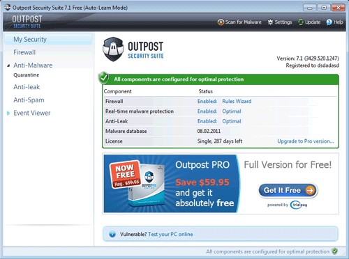 Outpost Security Suite Free 7.1: защита Windows от вирусов и сетевых угроз Outpost-ssf71
