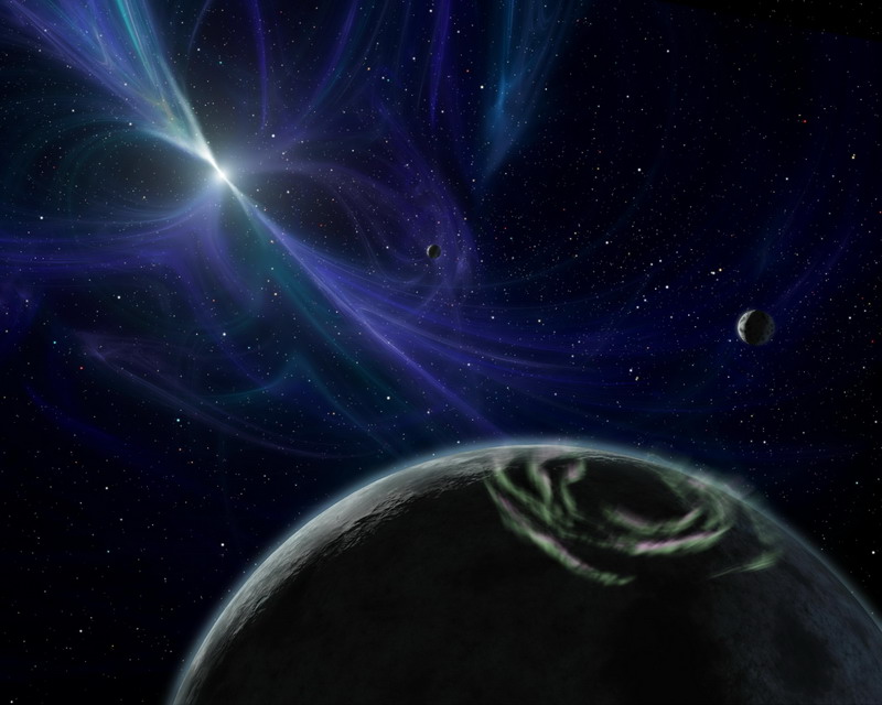 Планетная система PSR B1257+12 с пульсаром в центре глазами художника