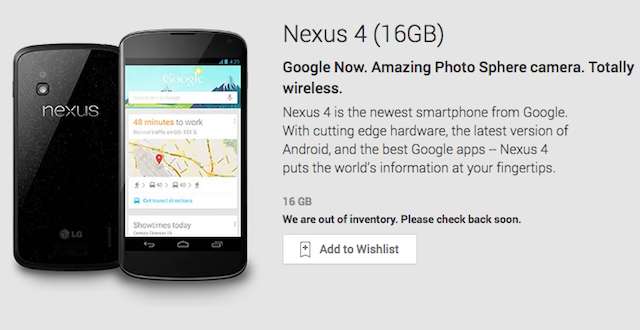 Google распродала &laquo;гуглофон&raquo; Nexus 4 в США