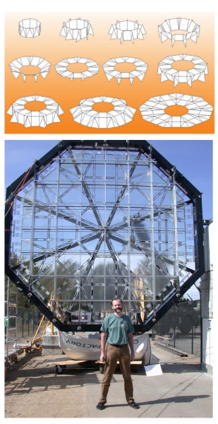  Схема складной конструкции телескопа и Роберт Лэнг рядом с уменьшенным прототипом складной линзы 