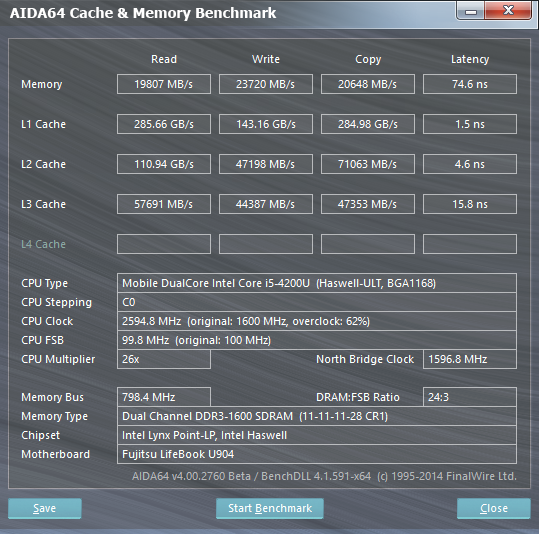 Fujitsu LifeBook U904: CPU cache and memory information