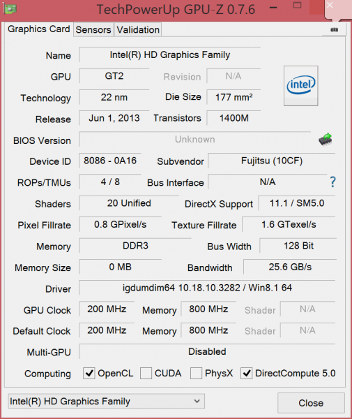 Fujitsu LifeBook U904: GPU information