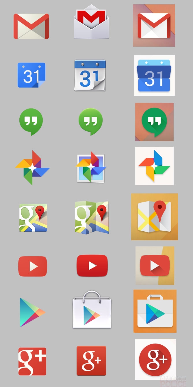 Слева — текущие веб-иконки, в центре — текущие иконки Android, справа — иконки Android в стиле Moonshine