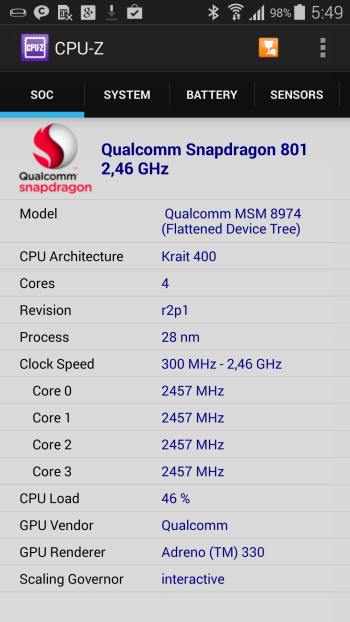  Samsung Galaxy S5 system information: CPU cores 