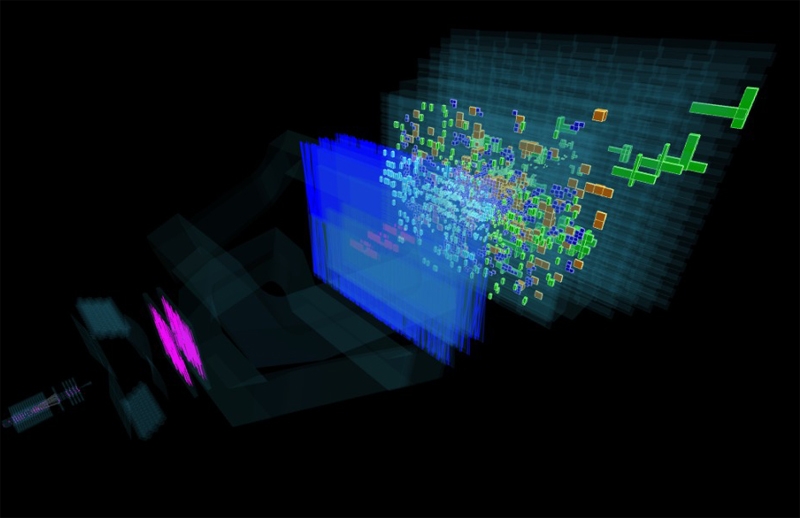  Визуализация примера данных события, зарегистрированного детектором эксперимента LHCb 
