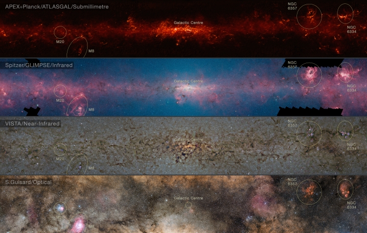 Сравнение изображений центральной части Млечного Пути на различных длинах волн / Нажмите для увеличения