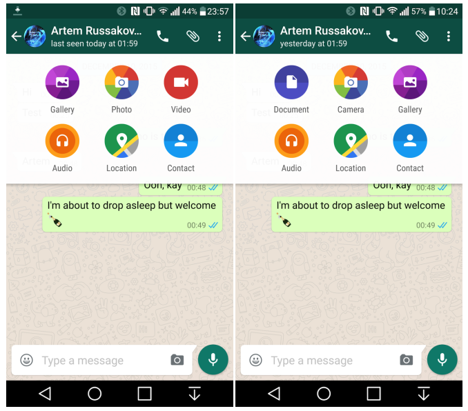 Слева &mdash; обычная версия WhatsApp, справа &mdash; бета