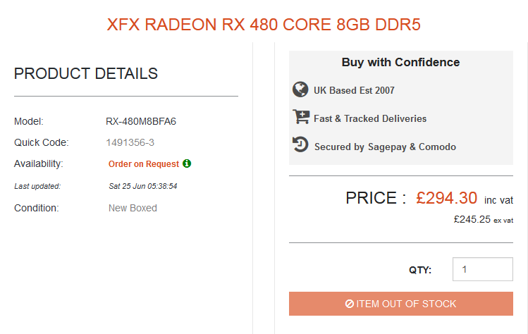 XFX Radeon RX 480 Core Edition с 8 Гбайт GDDR5 по цене £294,30