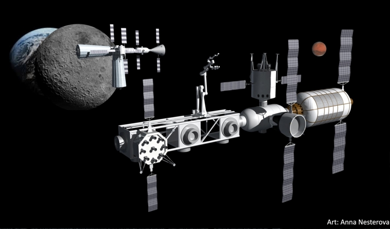  Коммерческая орбитальная инфраструктура в представлении художника. На заднем плане – орбитальная заправка передаёт топливо кораблю, отправляющемуся на Марс. Графика с сайта 