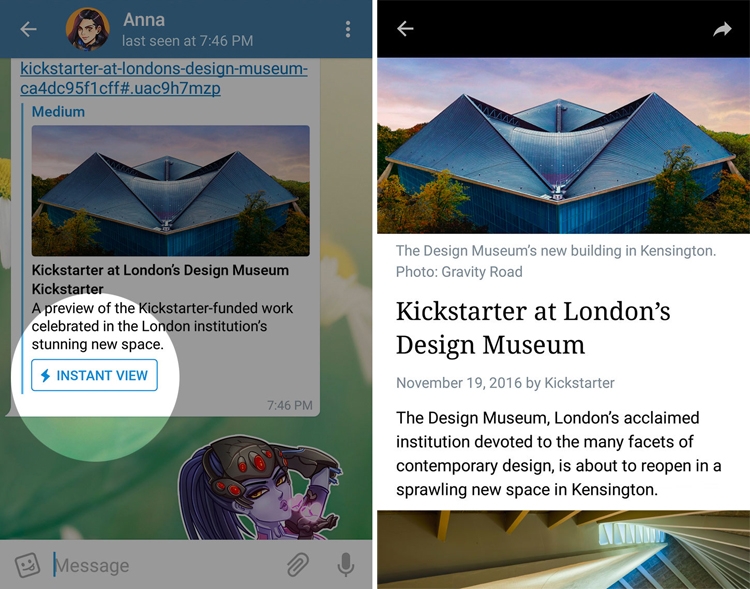 Telegram внедрил сервис Telegraph для создания постов и функцию просмотра Instant View