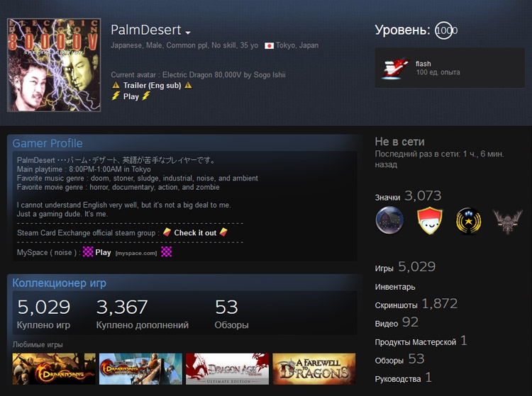 Геймер из Японии первым достиг в Steam тысячного уровня