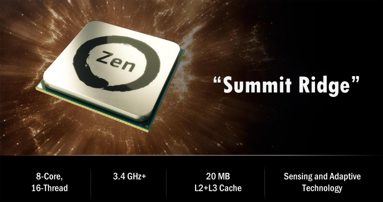 AMD Ryzen (Summit Ridge): 8 ядер, тактовая частота 3,4 ГГц, 20 Мбайт кеша, 95 Ватт