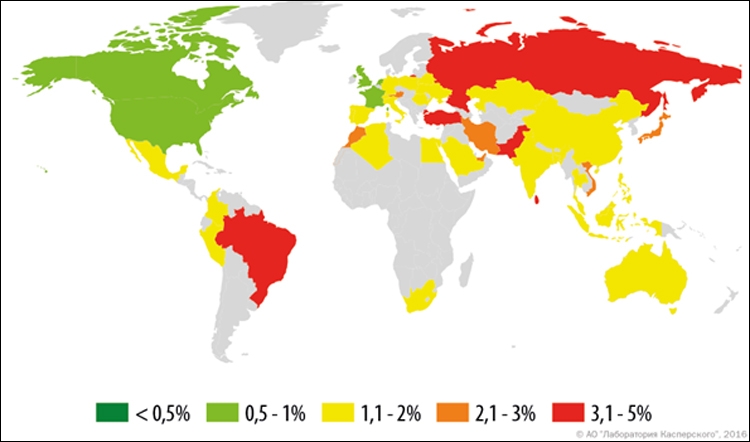 География атак финансового вредоносного ПО в 2016 году (доля атакованных пользователей в стране)